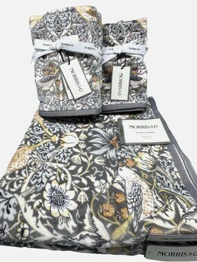 6 Pc William Morris Strawberry Thief Bird Velour Bath Hand Tip Towel Set Gray